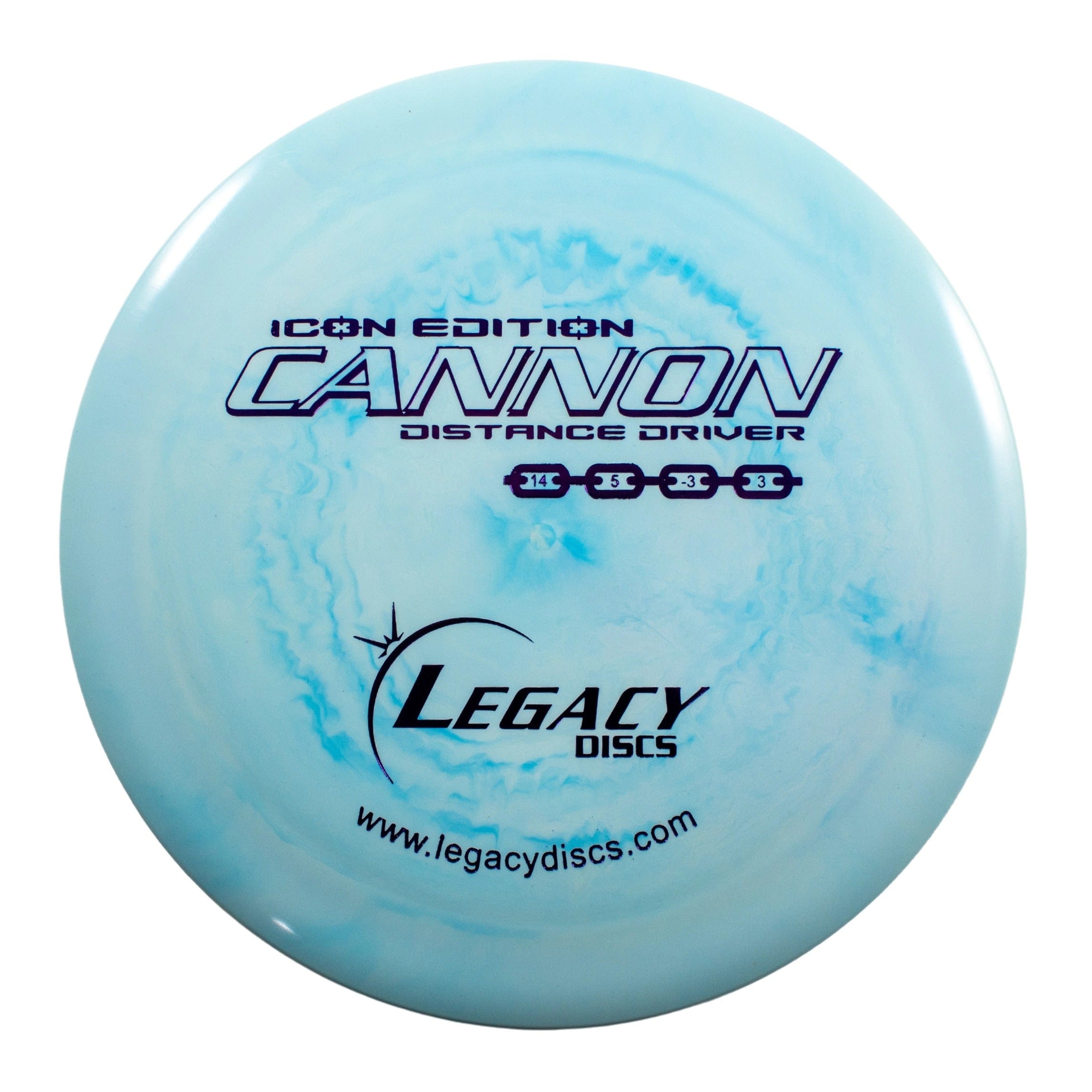 Light blue disc golf disc with text.